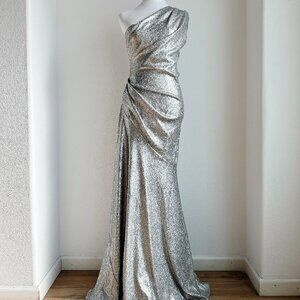 VINTAGE SILVER SEQUIN DONNA KARAN ONE SHOULDER GOWN